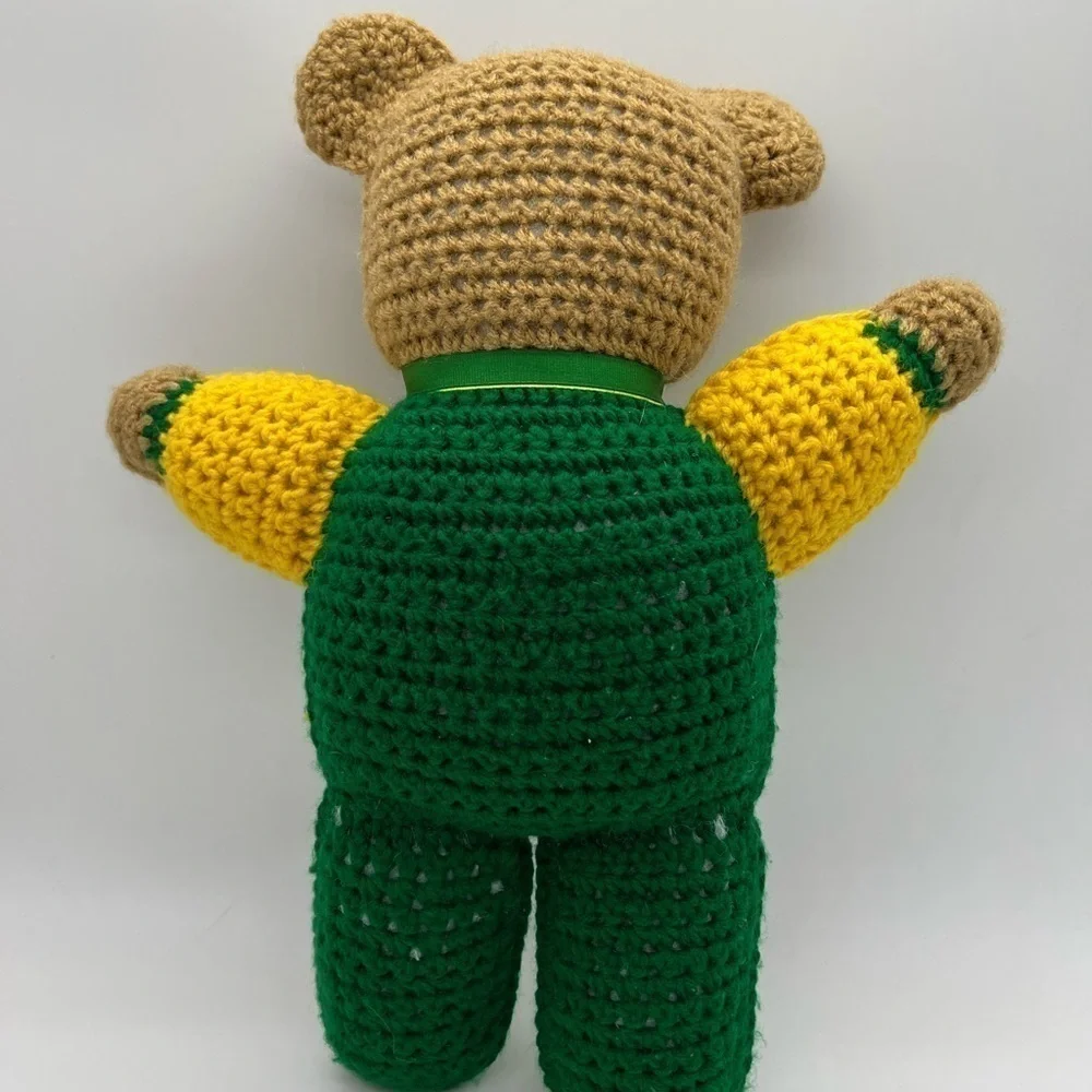 ADORABLE CROCHETED TEDDY BEAR I. GREEN AND BRIGHT YELLOW